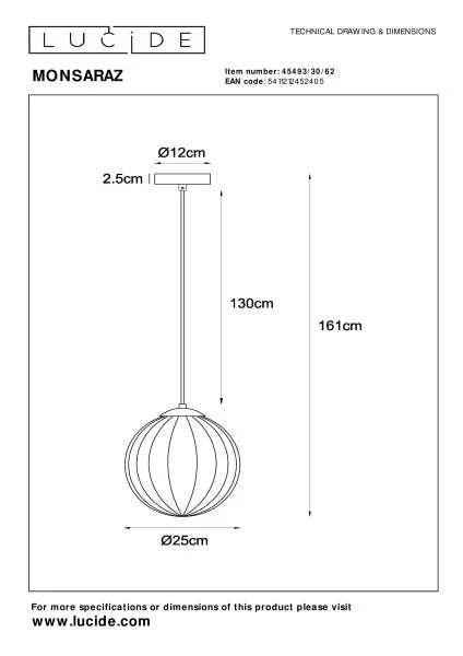 Lucide MONSARAZ - Lámpara colgante - Ø 25 cm - 1xE27 - Ámbar - técnico